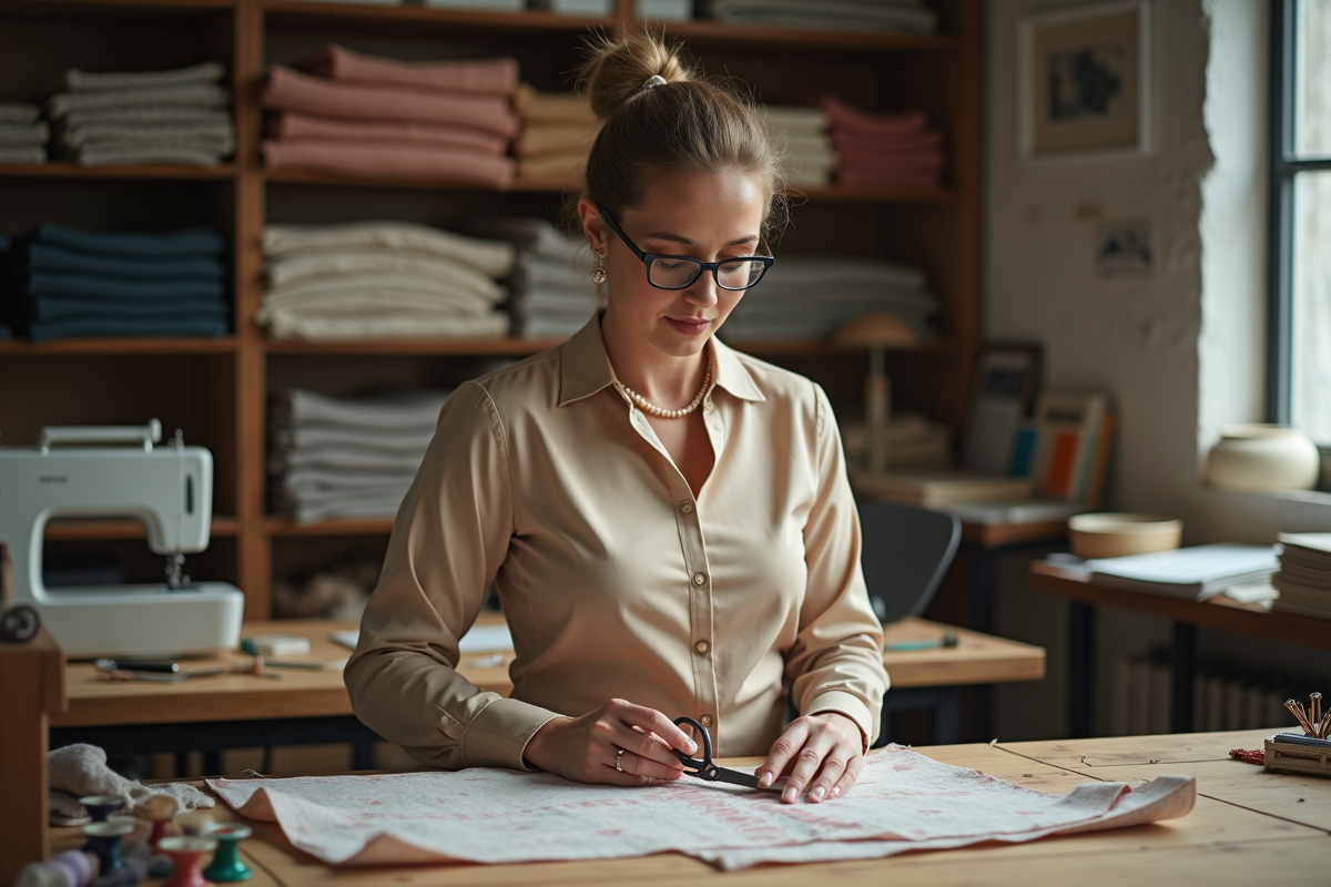 Couturiere femme utilisant des ciseaux sur tissu à l'atelier