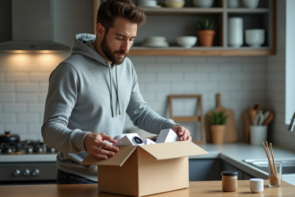 Homme déballant une commande Hacoo SaraMart reçue à domicile avec des produits pas chers