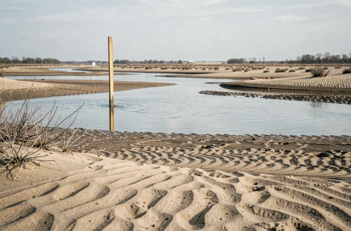 Delta fluvial à marée basse avec plusieurs bras de fleuve visibles, bancs de sable et végétation clairsemée dans un paysage naturel documentaire