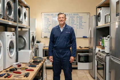 Technicien en réparation d'électroménager dans un atelier professionnel des Alpes-Maritimes
