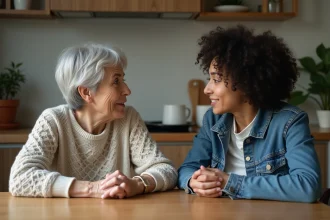 Deux femmes âgées et jeunes discutent à la cuisine