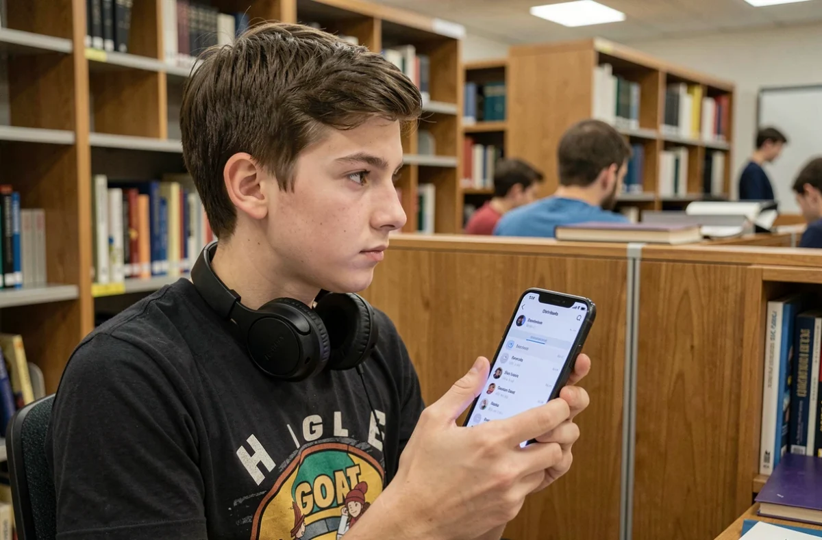Jeune homme consultant discrètement Discord sur son smartphone dans une bibliothèque universitaire