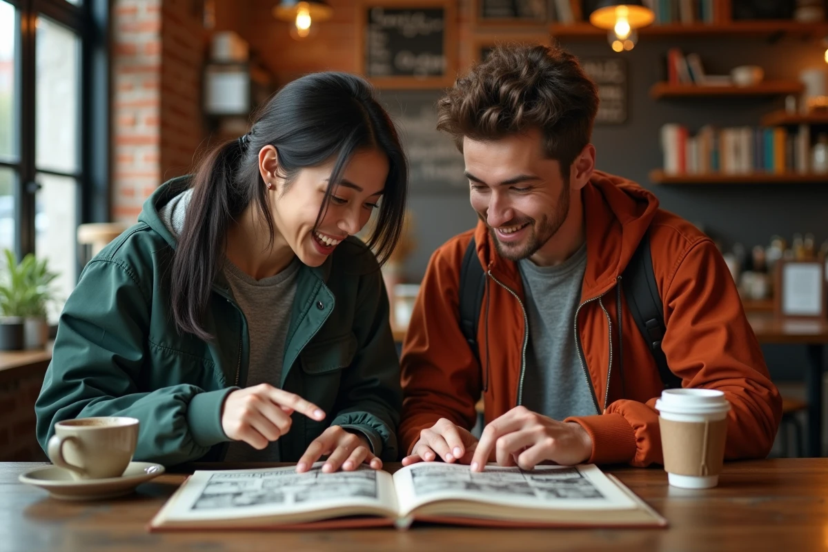 Deux fans de manga discutant des théories autour du scan One Piece 1148 dans un café avec des volumes ouverts sur la table