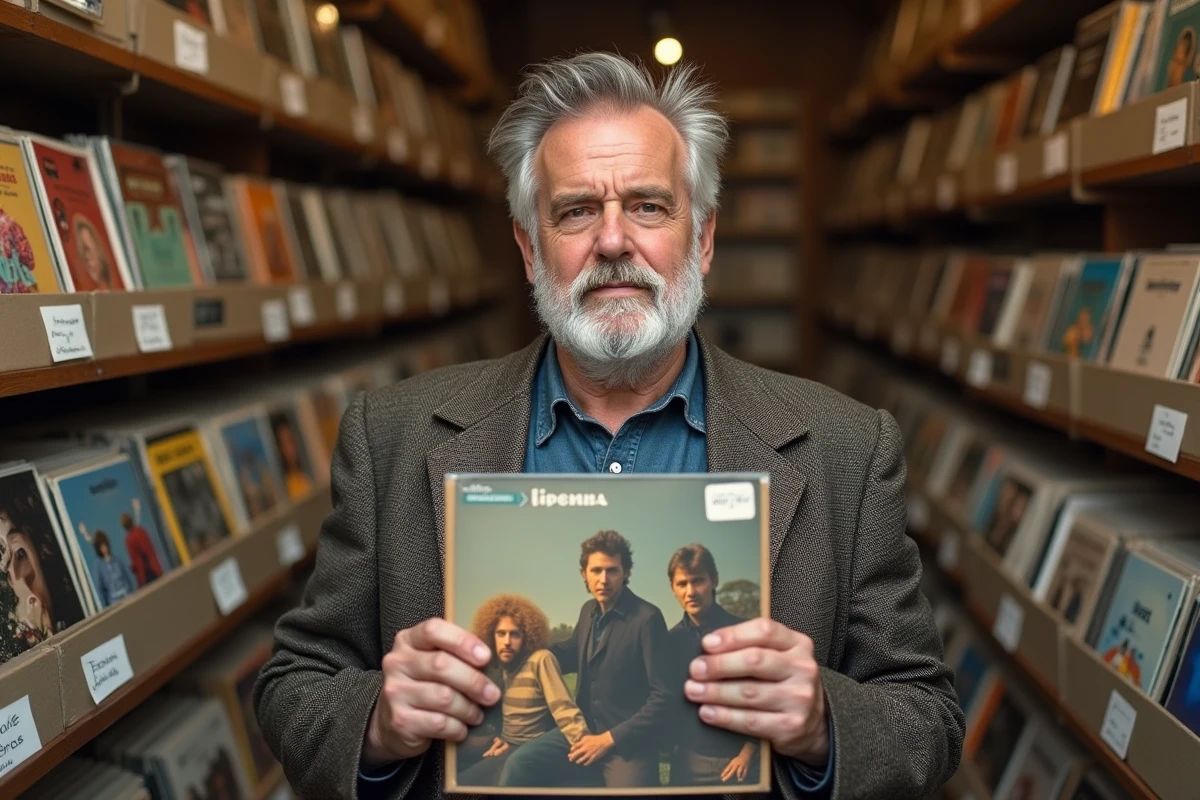 Homme tenant un album vinyle des années 70 dans un disquaire indépendant anglais rempli de pochettes vintage