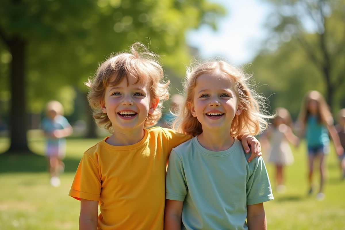Jumeaux conjoints enfants jouant dans un parc ensoleille