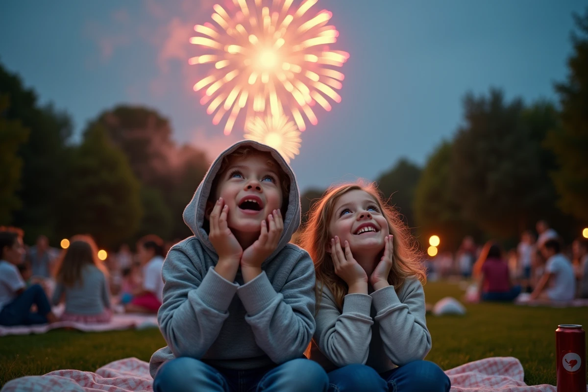 Deux enfants assis sur une couverture de pique-nique admirant le feu d'artifice lors d'une soirée en famille à Villeneuve d'Ascq