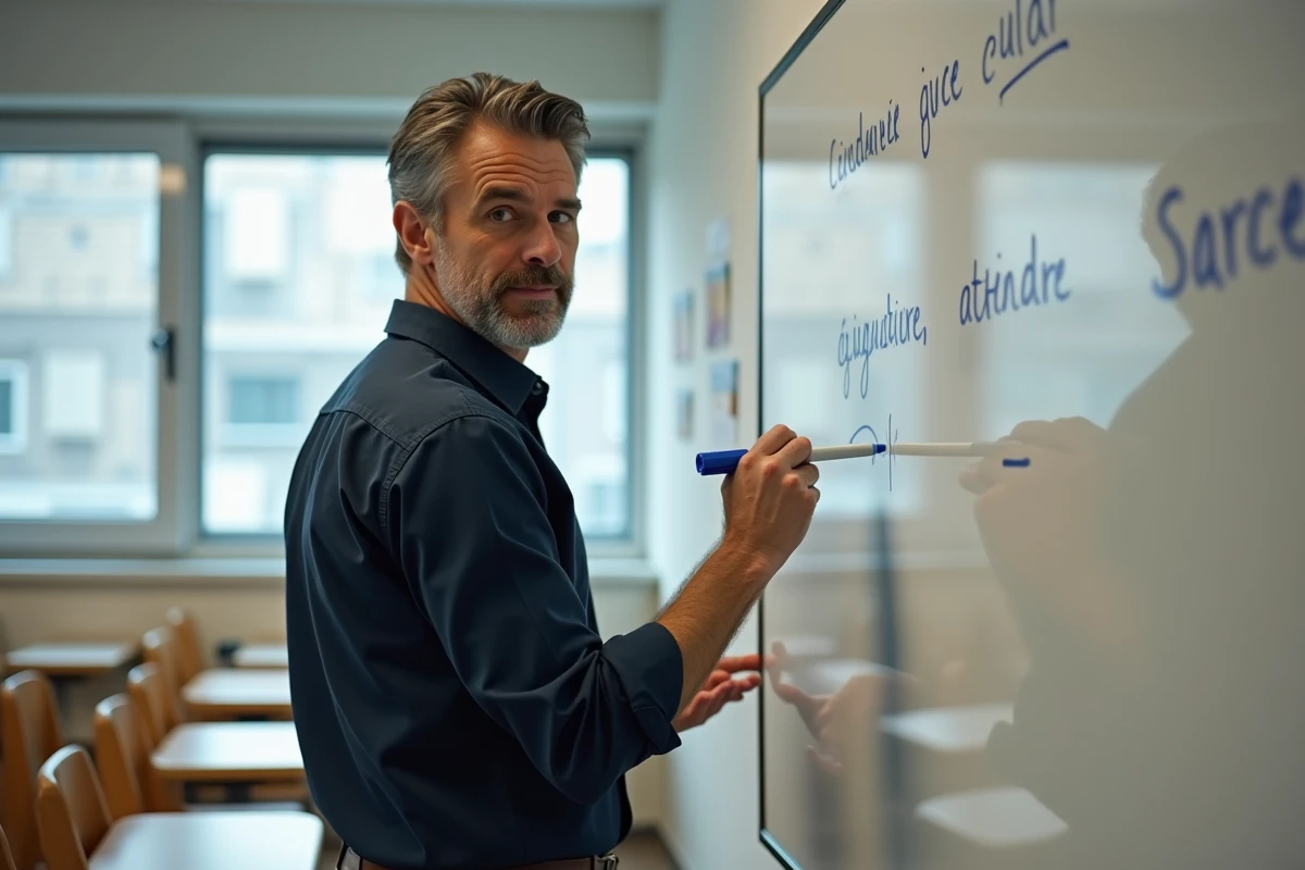 Enseignant écrivant la conjugaison du verbe attendre au tableau blanc dans une salle de classe