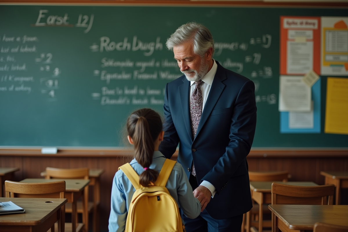 Un homme d'âge moyen guide une jeune fille devant un tableau