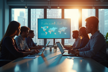 Équipe diverse collaborant dans un bureau moderne avec écrans