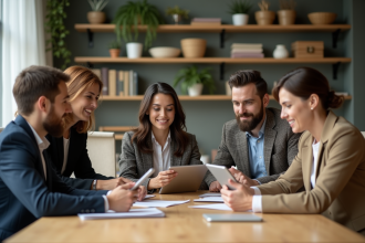 Groupe de professionnels discutant d'emballages durables en bureau