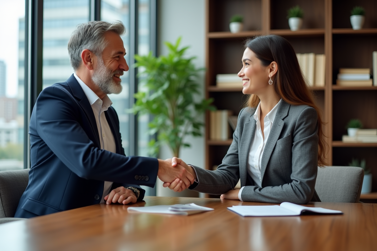 Deux professionnels se serrant la main dans un bureau moderne