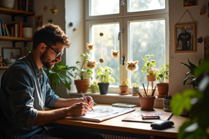 Espace de travail créatif avec un designer dessinant des concepts originaux