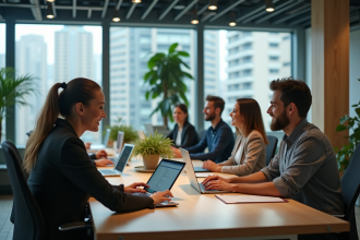 Groupe de professionnels divers dans un espace de travail moderne