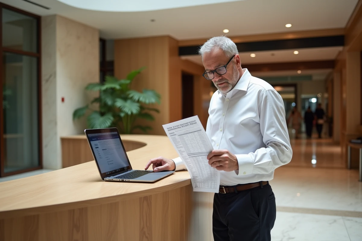 Homme d'affaires consultant un calendrier d'inscription et une checklist lors d'un congrès international de notaires à Paris