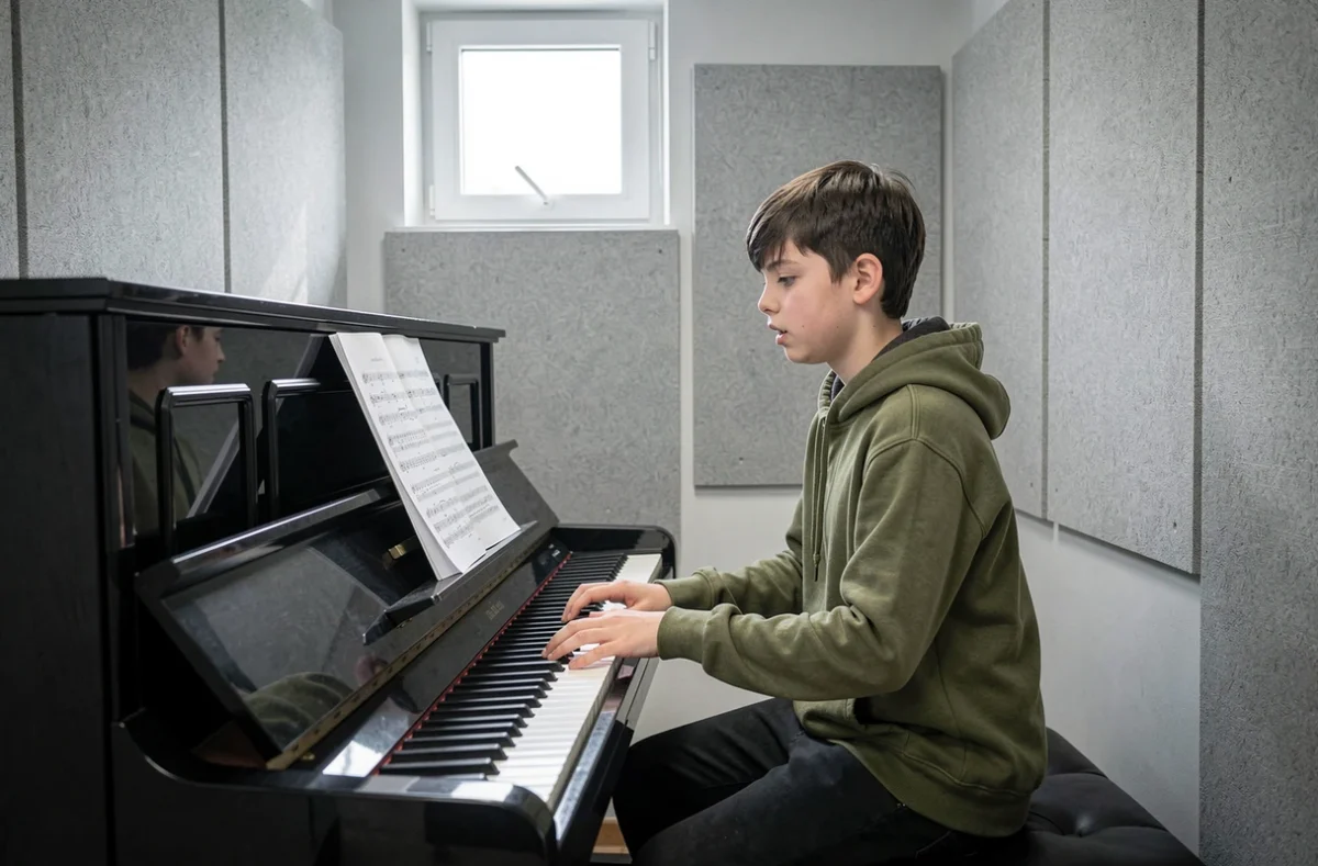 Étudiant adolescent apprenant à lire les notes de musique au piano dans une salle de répétition scolaire