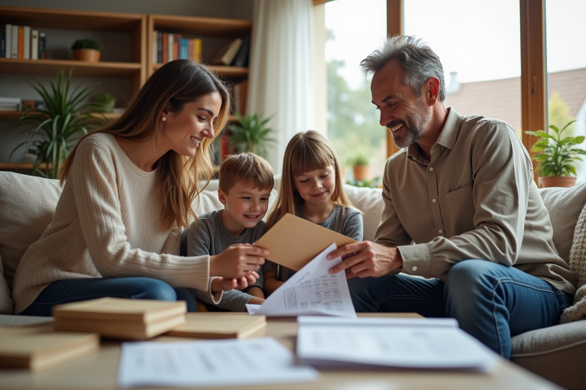 Famille discutant du budget autour d une table
