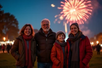Famille multigénérationnelle regardant le feu d'artifice de Villeneuve d'Ascq ensemble dans un parc en soirée