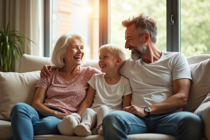 Famille multigenerations souriante dans le salon lumineux