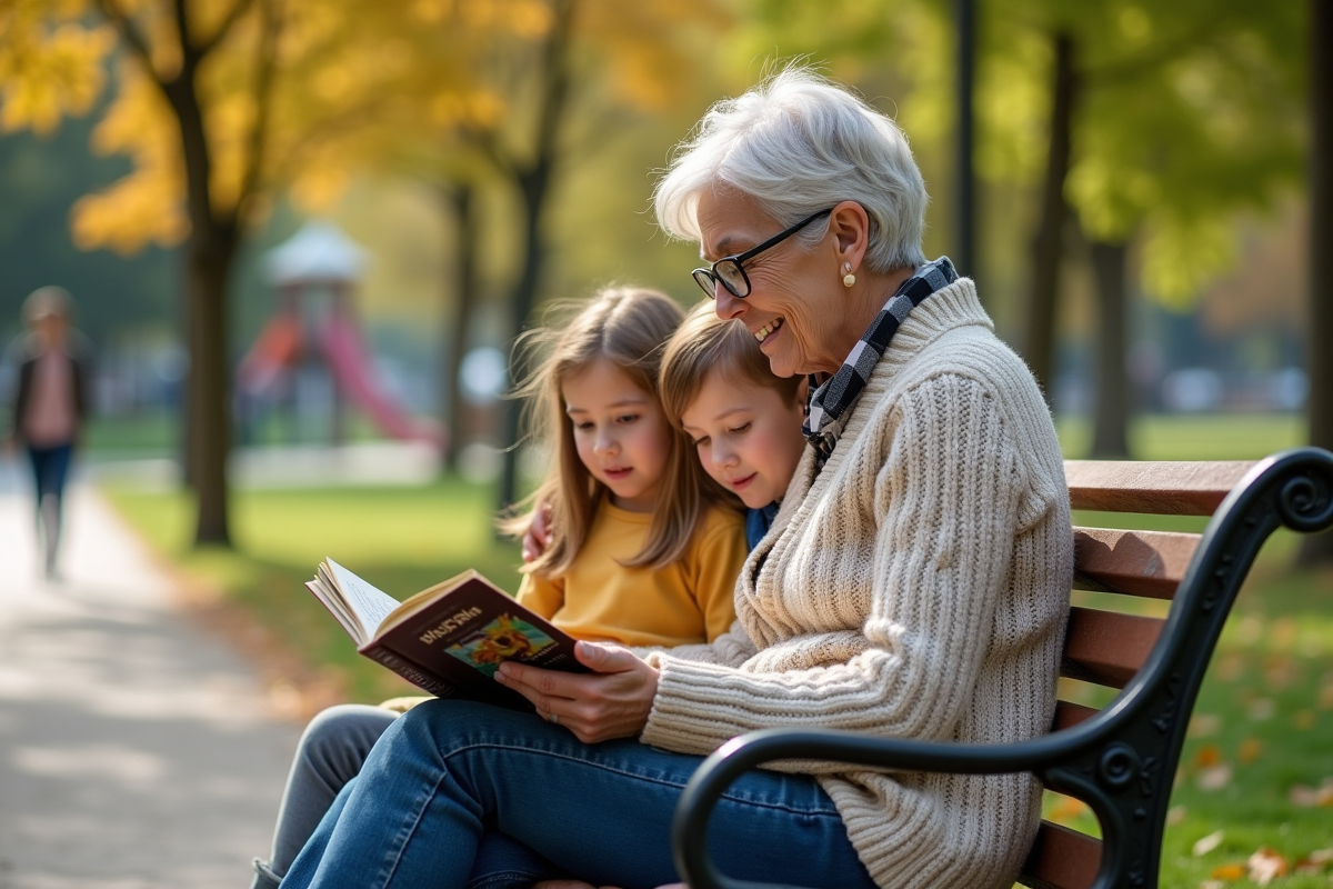 Une femme lit un livre à deux enfants dans un parc en plein air