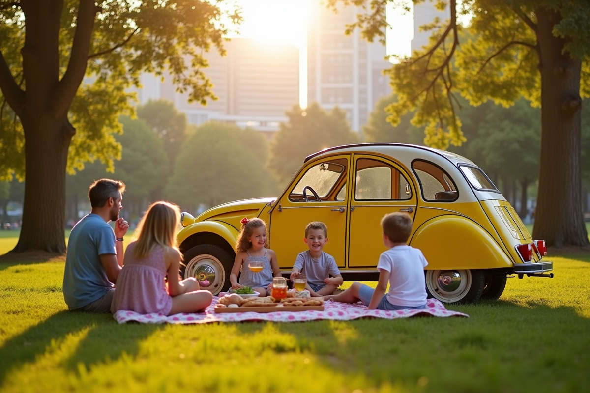 Famille profitant d un pique-nique avec une 2CV en ville