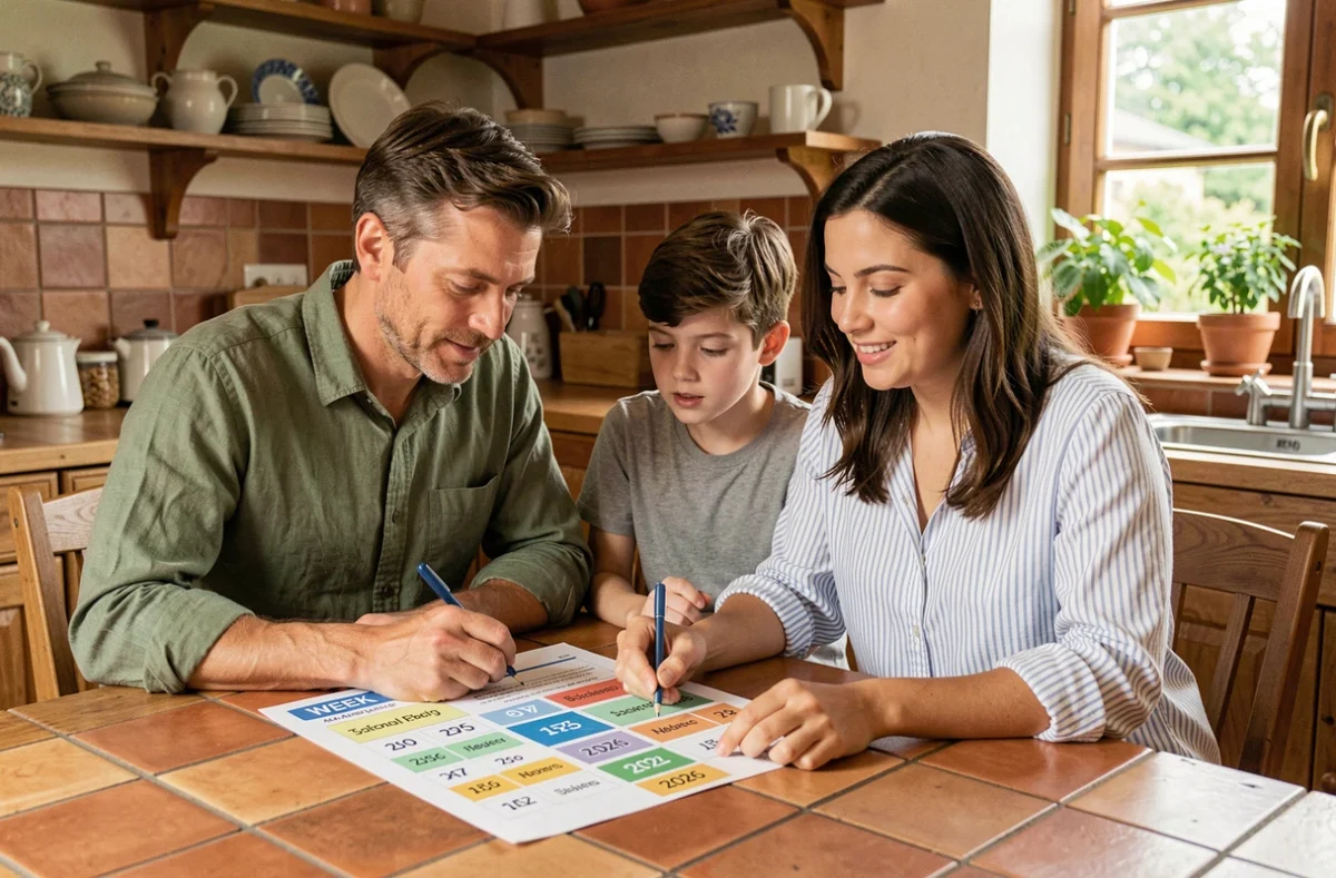 Famille planifiant ses vacances scolaires et congés autour d'un tableau de semaines paires et impaires du calendrier 2026