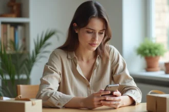 Femme consultant l'application Hacoo SaraMart sur son smartphone pour des achats en ligne pas chers