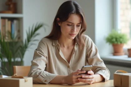 Femme consultant l'application Hacoo SaraMart sur son smartphone pour des achats en ligne pas chers