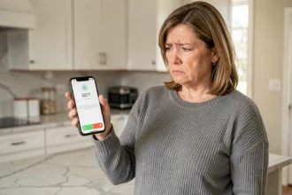 Femme agacée recevant un appel de démarchage téléphonique d'un numéro 0377 sur son smartphone dans une cuisine moderne