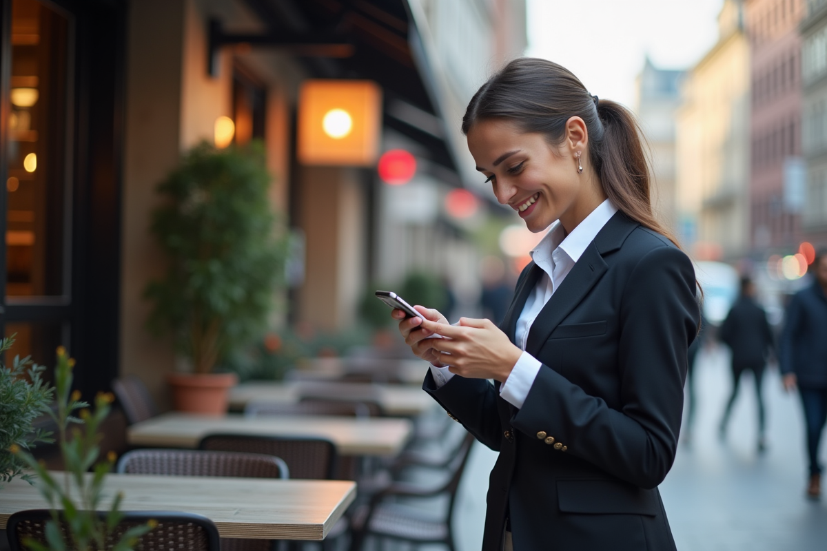 Jeune femme vérifiant son application bancaire au café