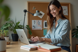 Jeune femme arrangeant des carnets faits main dans un bureau cosy