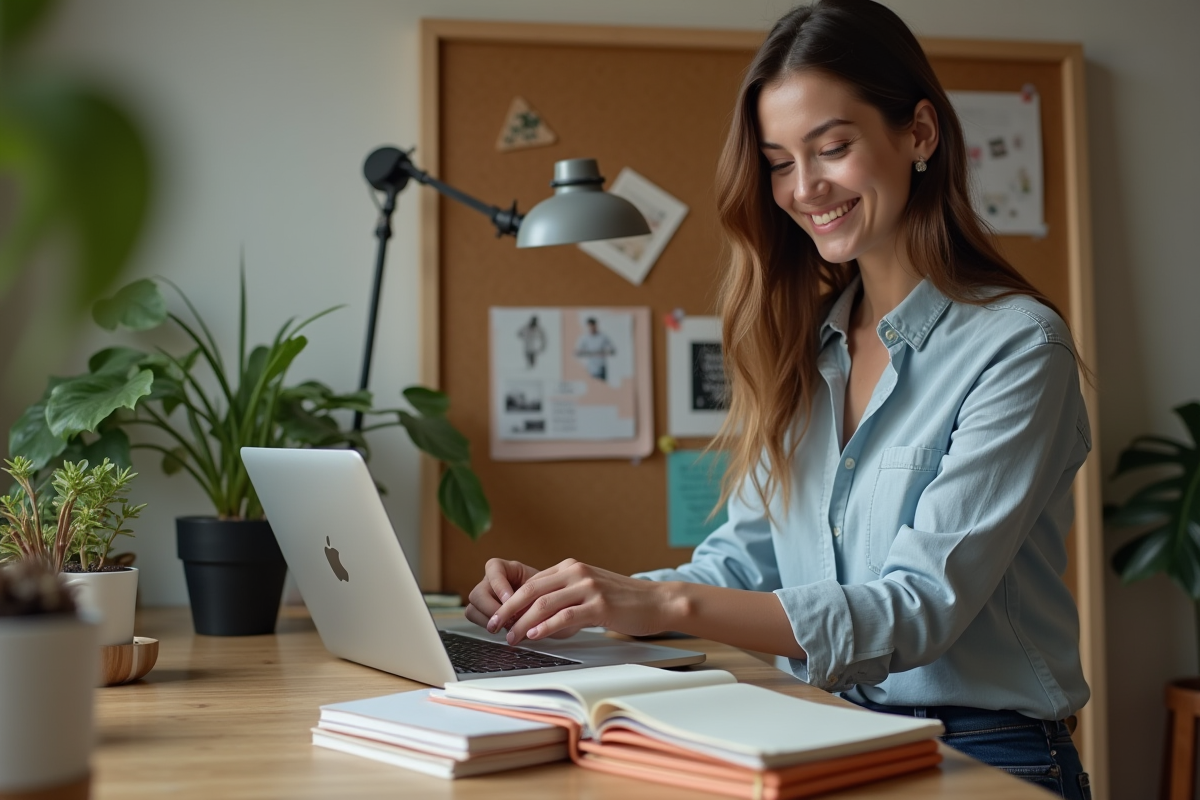 Jeune femme arrangeant des carnets faits main dans un bureau cosy