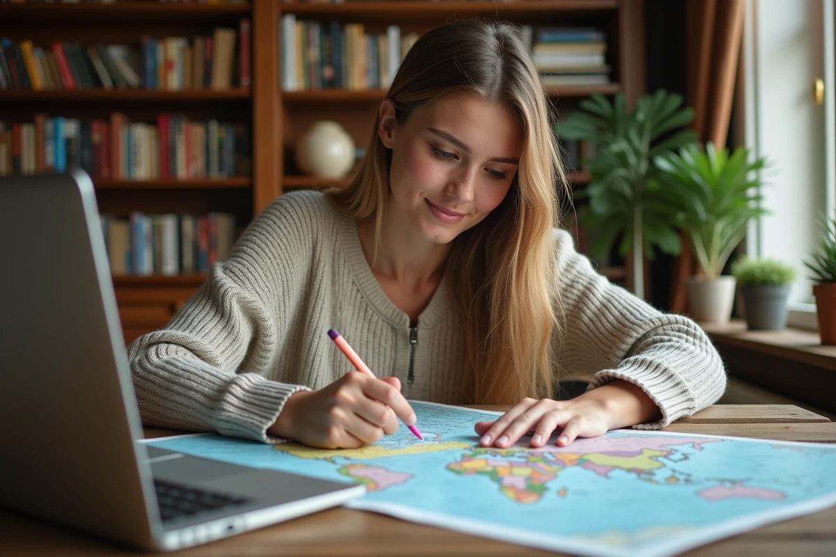 Jeune femme marquant une carte du monde bilingue français anglais