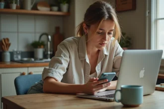 Jeune femme consultant la billetterie des Vieilles Charrues 2026 sur son smartphone à la maison