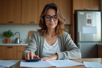 Femme en cuisine examinant ses dépenses mensuelles
