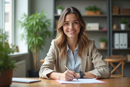 Femme au bureau moderne en tenue smartcasual souriante