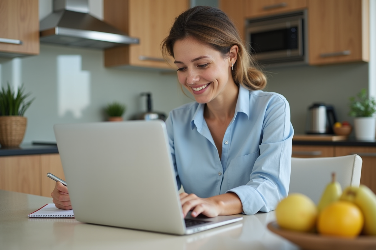 Femme concentrée travaillant sur un ordinateur dans une cuisine moderne