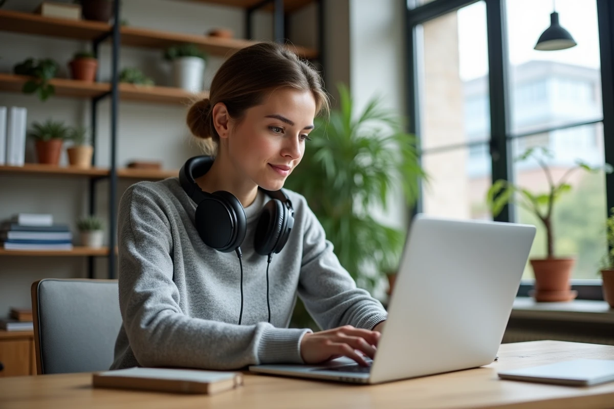 Femme au bureau avec ordinateur et casque dans un espace moderne
