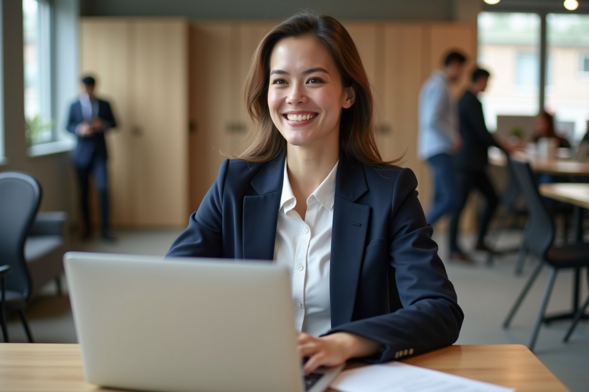 Jeune femme souriante dans un bureau contemporain avec ordinateur