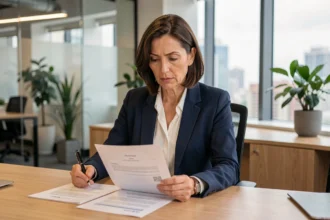 Femme cadre attachée hors classe analysant sa grille d'avancement dans un bureau moderne