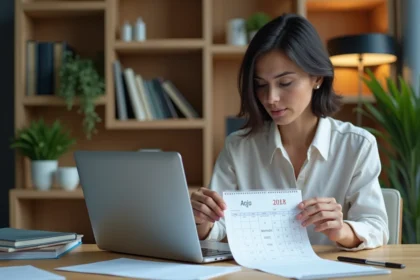 Femme d'âge moyen calculant dates sur calendrier au bureau