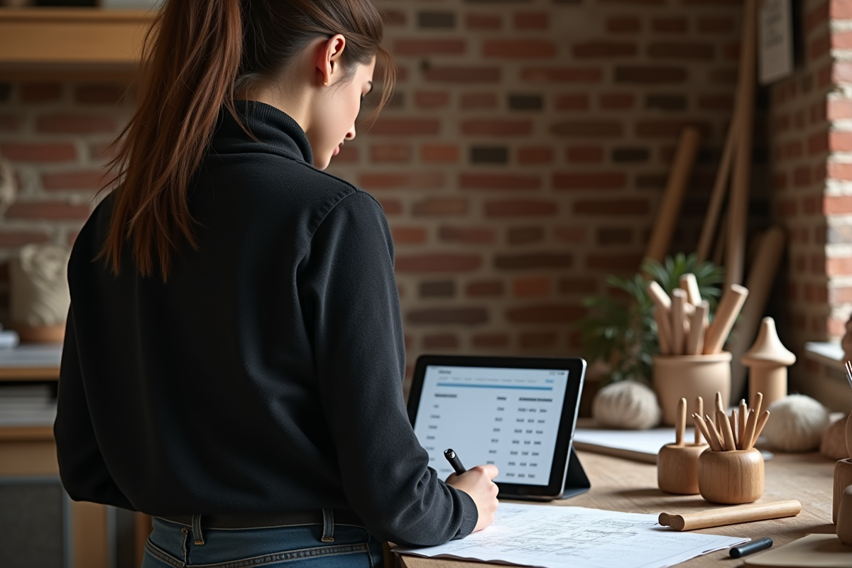 Jeune femme artisan calculant avec tablette dans son atelier