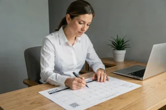 Femme professionnelle annotant un calendrier trimestriel 2026 sur un bureau en bois dans un bureau moderne