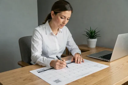 Femme professionnelle annotant un calendrier trimestriel 2026 sur un bureau en bois dans un bureau moderne