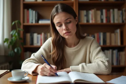 Jeune femme réfléchissant à une règle de grammaire française dans un carnet ouvert posé sur un bureau en bois