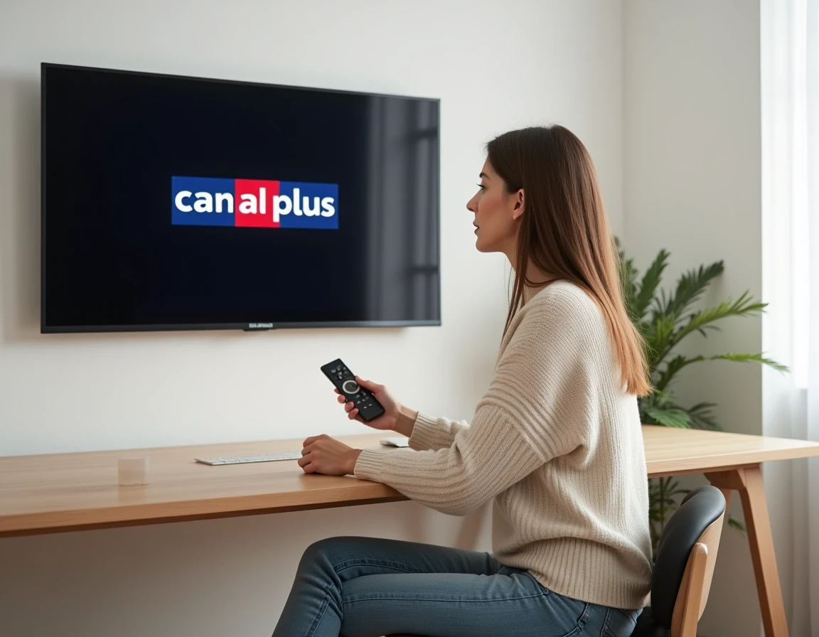 Femme cherchant un code gratuit Canal Plus avec sa télécommande devant un téléviseur connecté