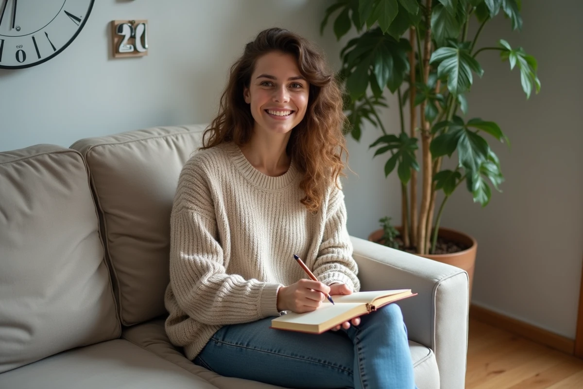 Femme souriante dans un salon cosy avec journal et plante