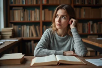 Femme concentrée lisant un dictionnaire ouvert dans une librairie, illustrant la distinction entre écouter et entendre