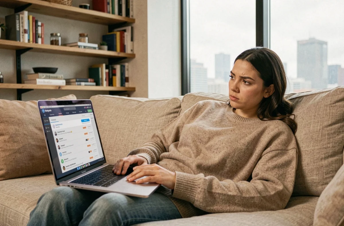 Femme sur un canapé parcourant un serveur Discord sur son ordinateur portable dans un appartement urbain