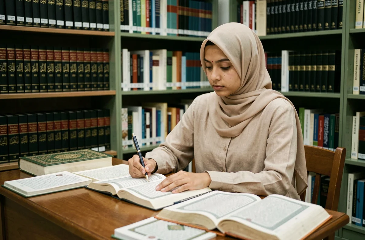Jeune femme voilée étudiant le Coran et les textes de fiqh dans une bibliothèque, représentant l'étude des règles d'ablutions selon les différentes écoles juridiques islamiques