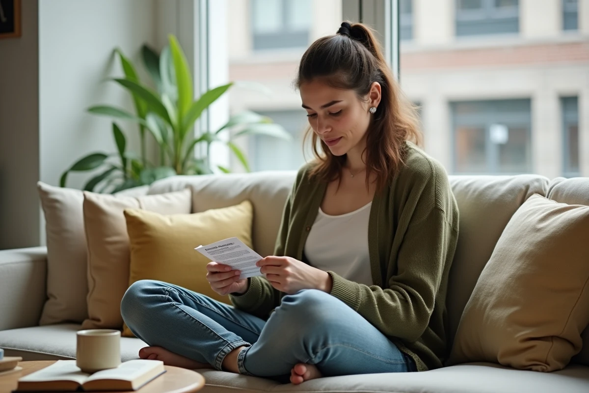 Jeune femme lisant une fiche mémo grammaticale pour retenir les règles d'écriture correcte en français en 2026